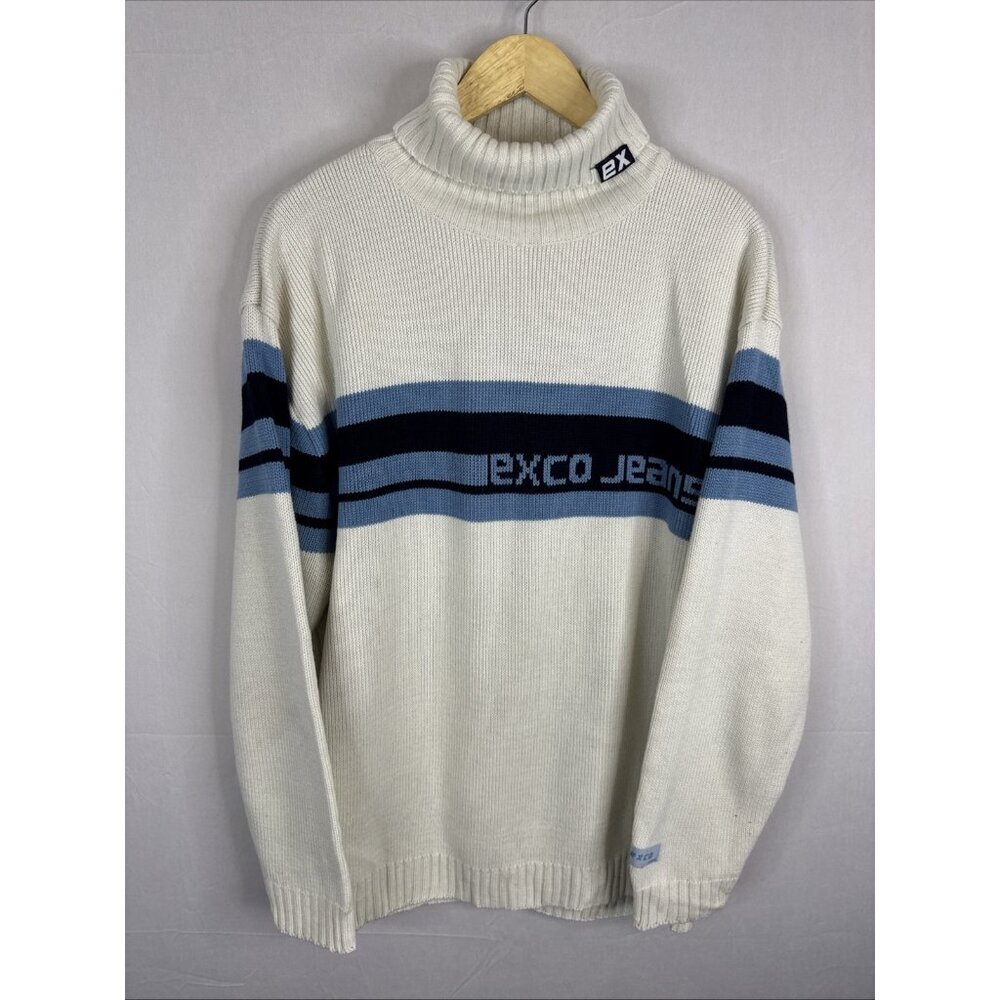 Vintage Y2K EXCO Jeans Turtleneck Sweater Cream Blue Stripe Logo Knit Men’s L‎